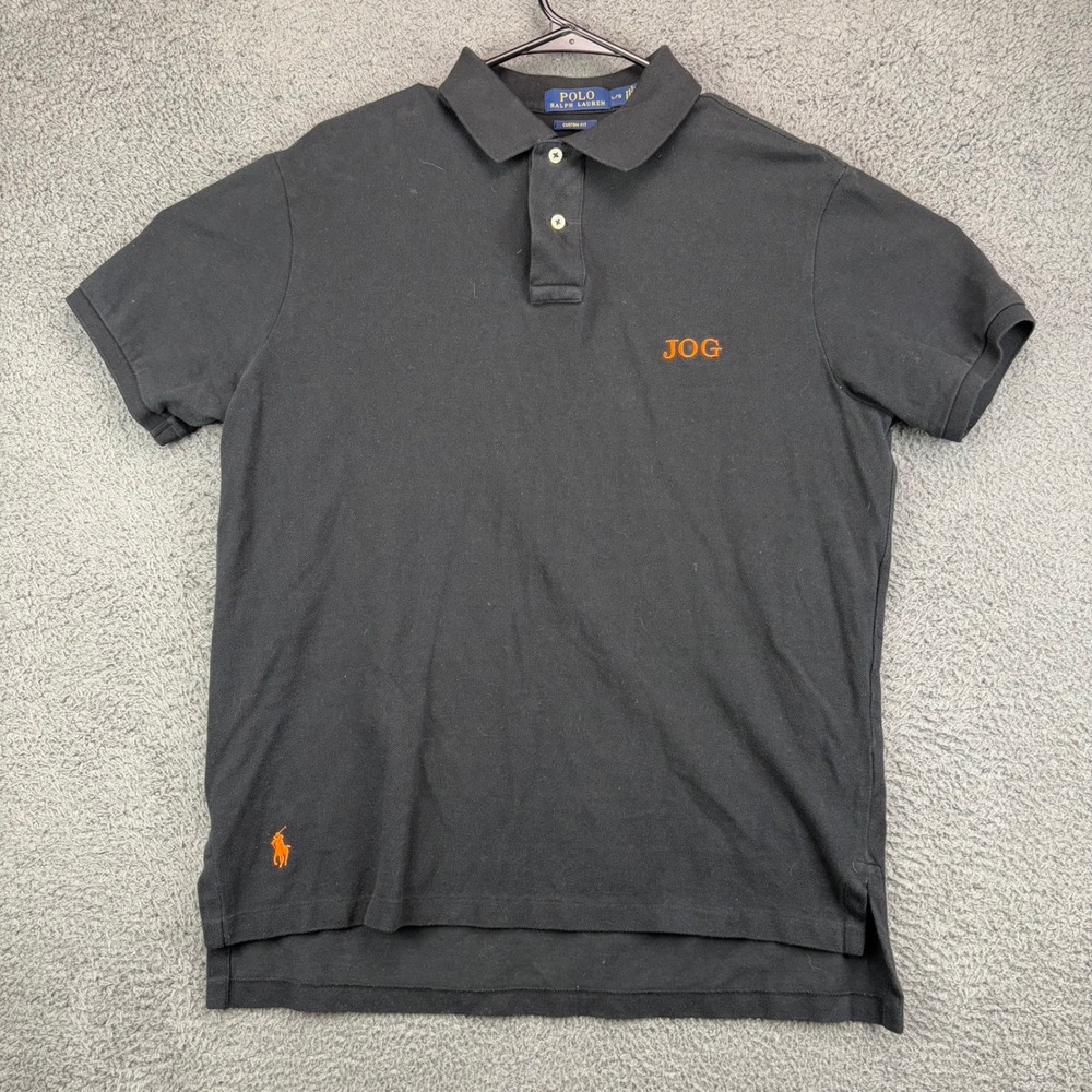 Polo Ralph Lauren Mens Large Custom Fit Black Polo Shirt Orange‎ Pony JOG Logo